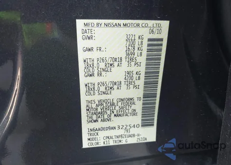2010 Nissan Titan Xe/Se/Le from USA, damaged, VIN 1N6AA0ED9AN322540
